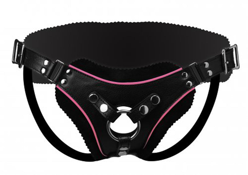 Low Rise Leather Strap On Dildo Harness with Pink Accents